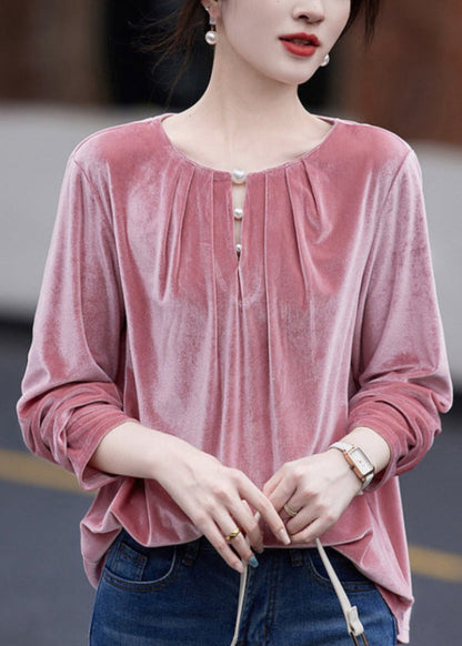 French Pink O Neck Wrinkled Velour Top Fall WP034