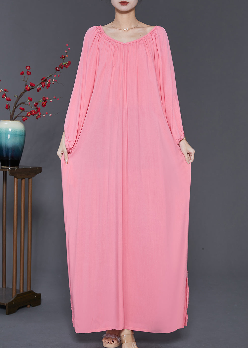 Robe longue oversize en coton rose français Printemps SD1047