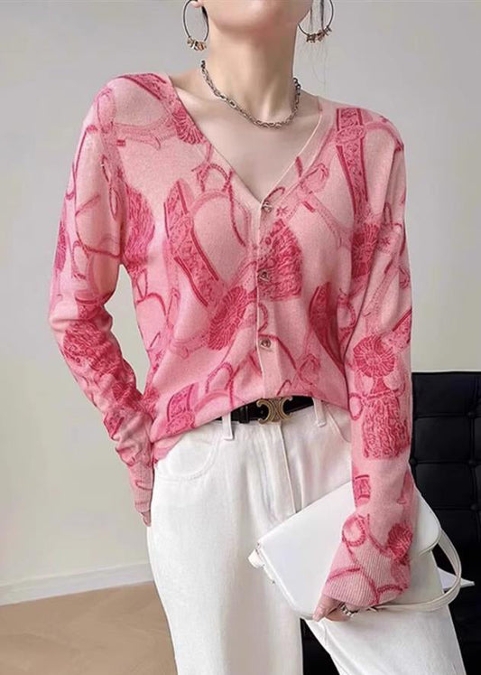 French Pink Print V Neck Button Knit Tops Long Sleeve Ada Fashion