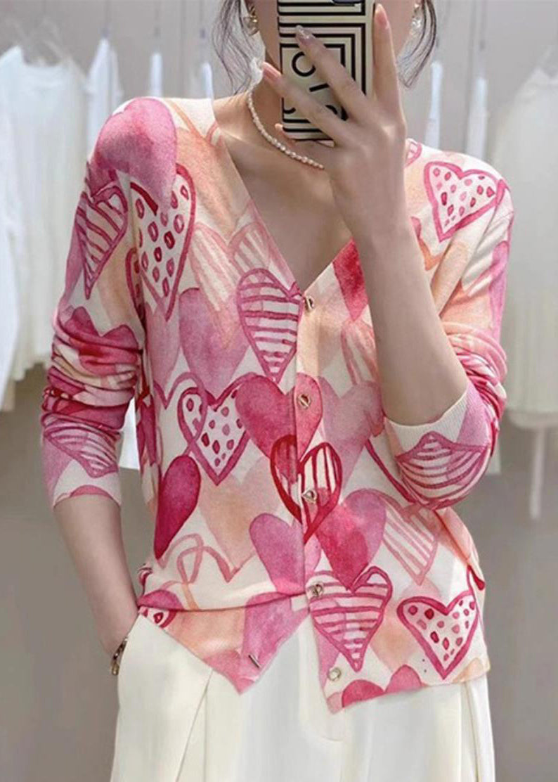 French Pink Print V Neck Button Knit Tops Long Sleeve Ada Fashion