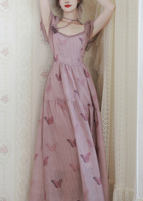 Robe en mousseline de soie rose à col carré et imprimé papillons pour l'été XX022