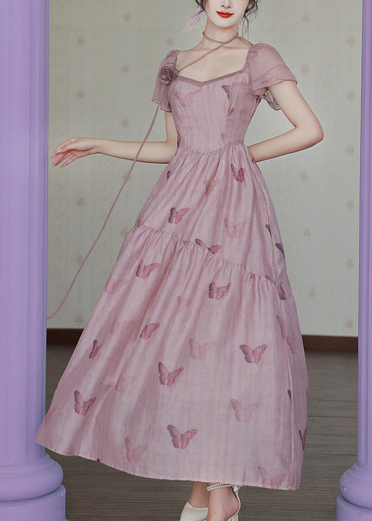 Robe en mousseline de soie rose à col carré et imprimé papillons pour l'été XX022