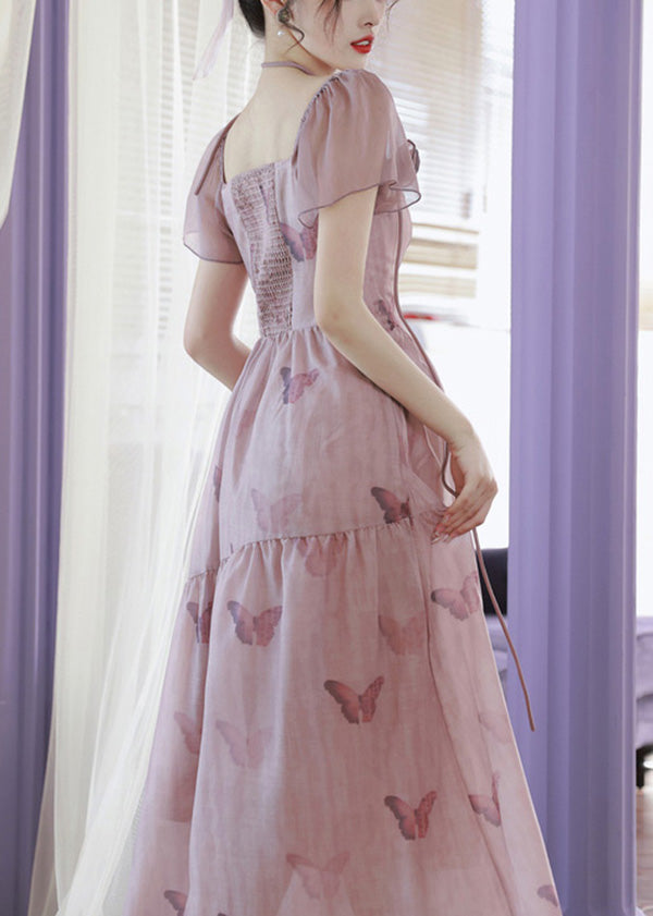 Robe en mousseline de soie rose à col carré et imprimé papillons pour l'été XX022