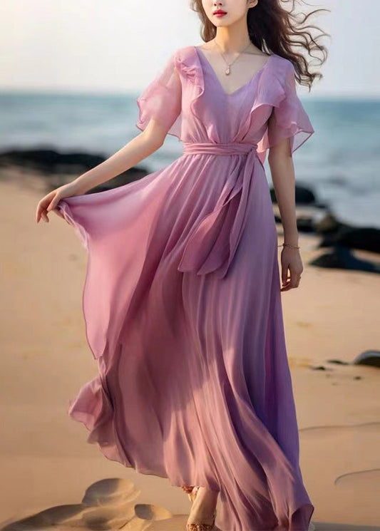 French Pink Tie Waist Patchwork Chiffon Dresses Butterfly Sleeve XX057