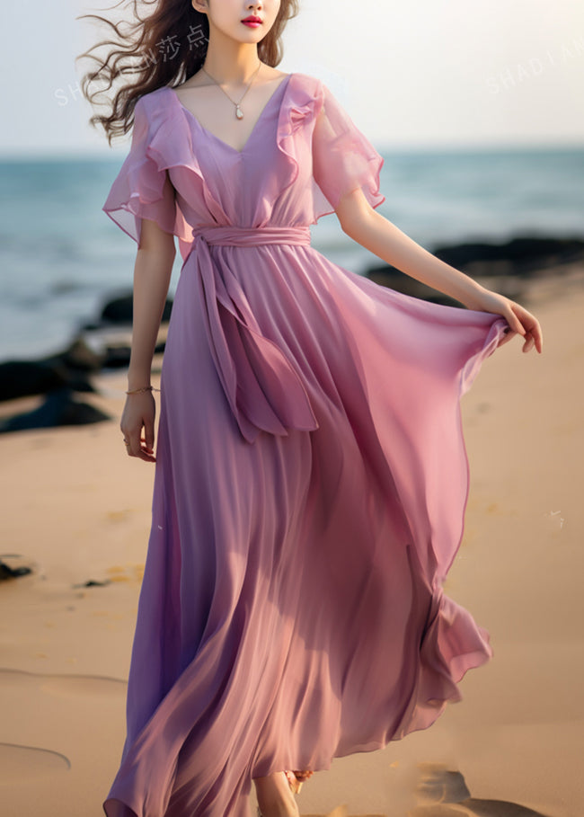 French Pink Tie Waist Patchwork Chiffon Dresses Butterfly Sleeve XX057