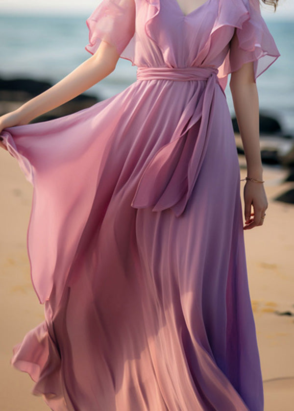 French Pink Tie Waist Patchwork Chiffon Dresses Butterfly Sleeve XX057