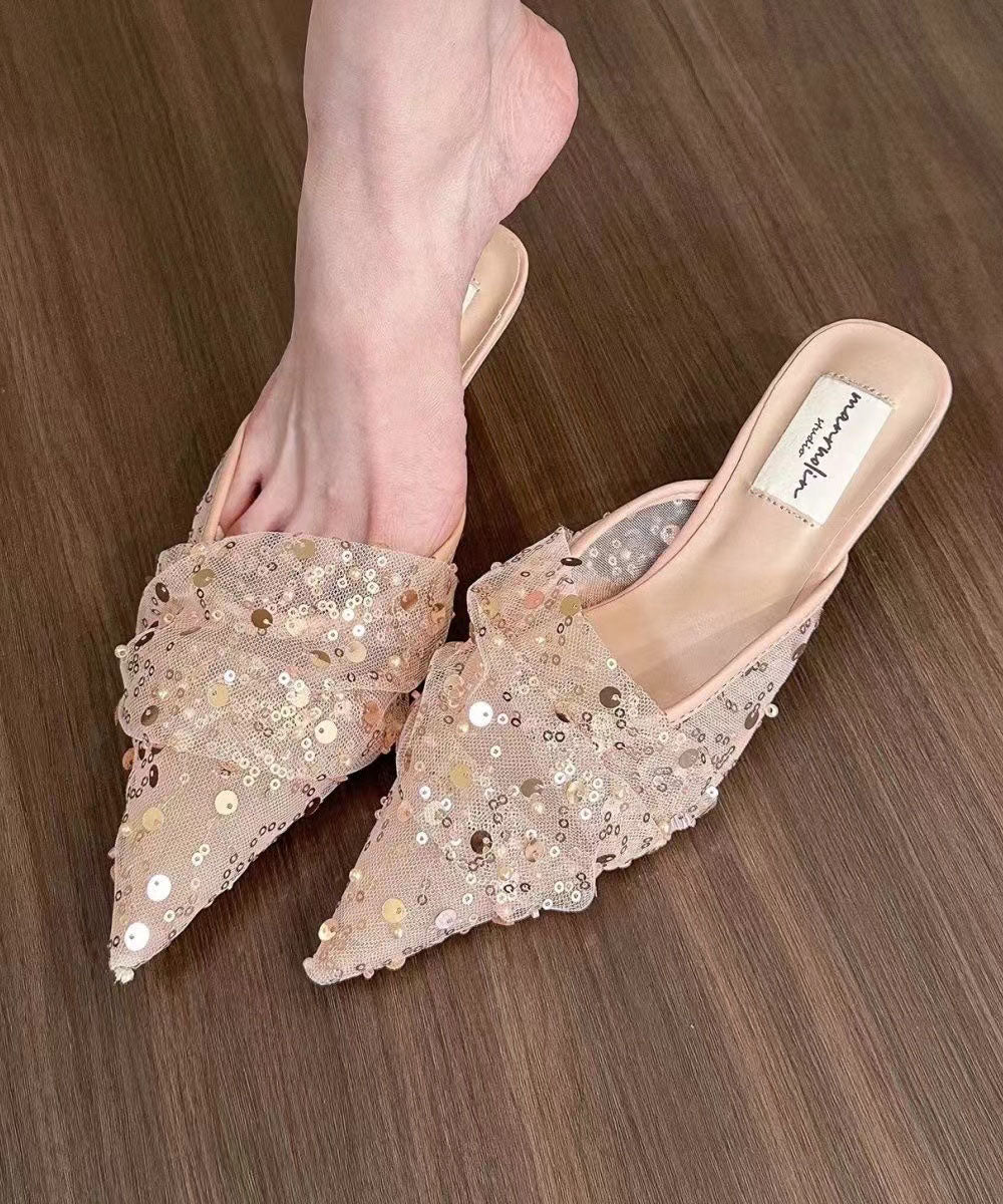 French Pink Tulle Sequins Kitten Slide Sandals Pointed Toe JJ060