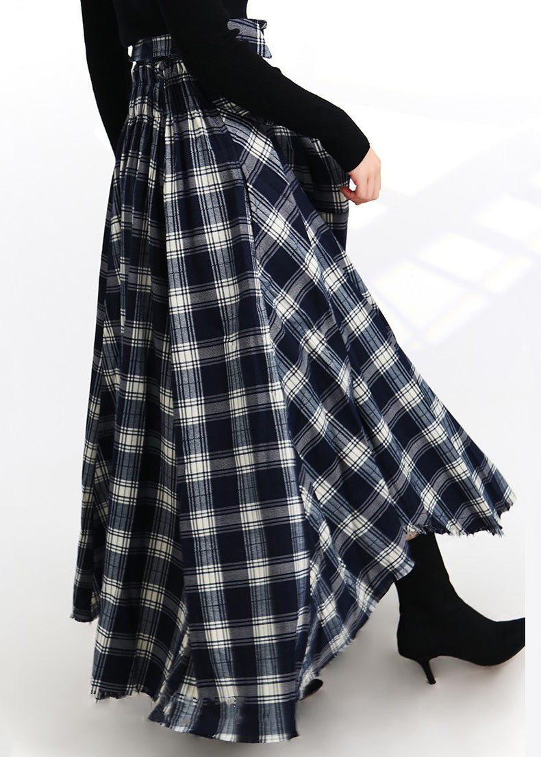 French Plaid Lace Up Button Elastic Waist Cotton Skirt Spring Ada Fashion