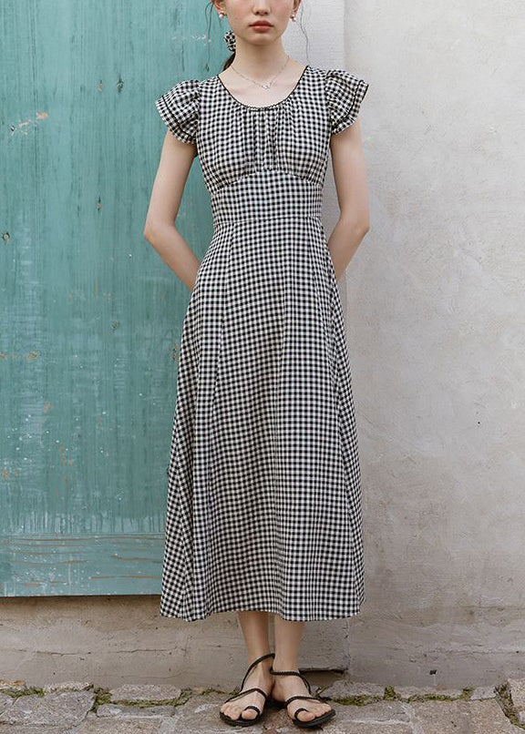 French Plaid O Neck High Waist Cotton Dresses Summer XX079