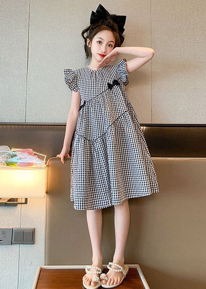 French Plaid O-Neck Patchwork Cotton Girls Dresses Summer TT005