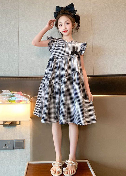 French Plaid O-Neck Patchwork Cotton Girls Dresses Summer TT005