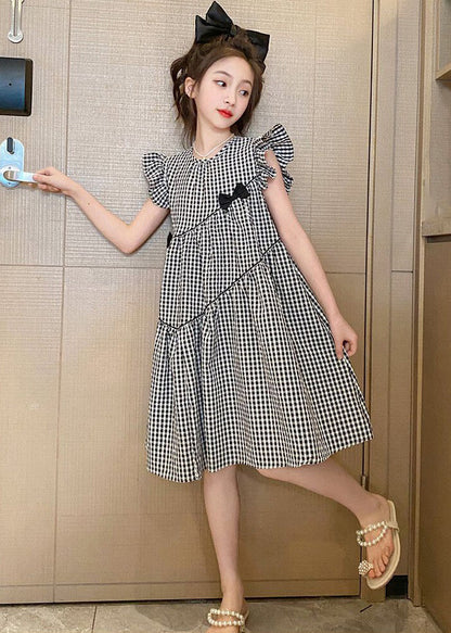 French Plaid O-Neck Patchwork Cotton Girls Dresses Summer TT005