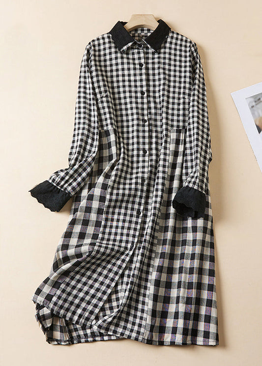 French Plaid Peter Pan Collar Button Linen Shirts Dress Long Sleeve GG064