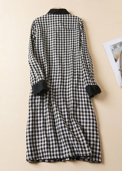 French Plaid Peter Pan Collar Button Linen Shirts Dress Long Sleeve GG064