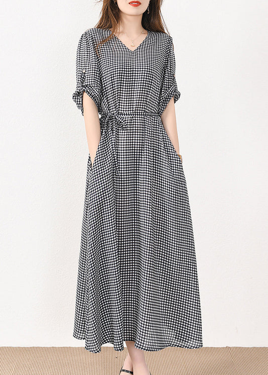 French Plaid Pockets Tie Waist Silk Cotton Long Dresses Half Sleeve MN057