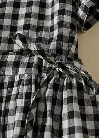 French Plaid Ruffled Lace Up Cotton Shirts Dresses Summer GG054