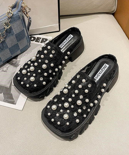 French Platform Slide Sandals Nail Bead Black Breathable Mesh XC1034