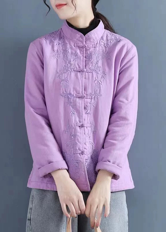 French Purple Embroidered Button Cotton Filled Coat Winter QO066