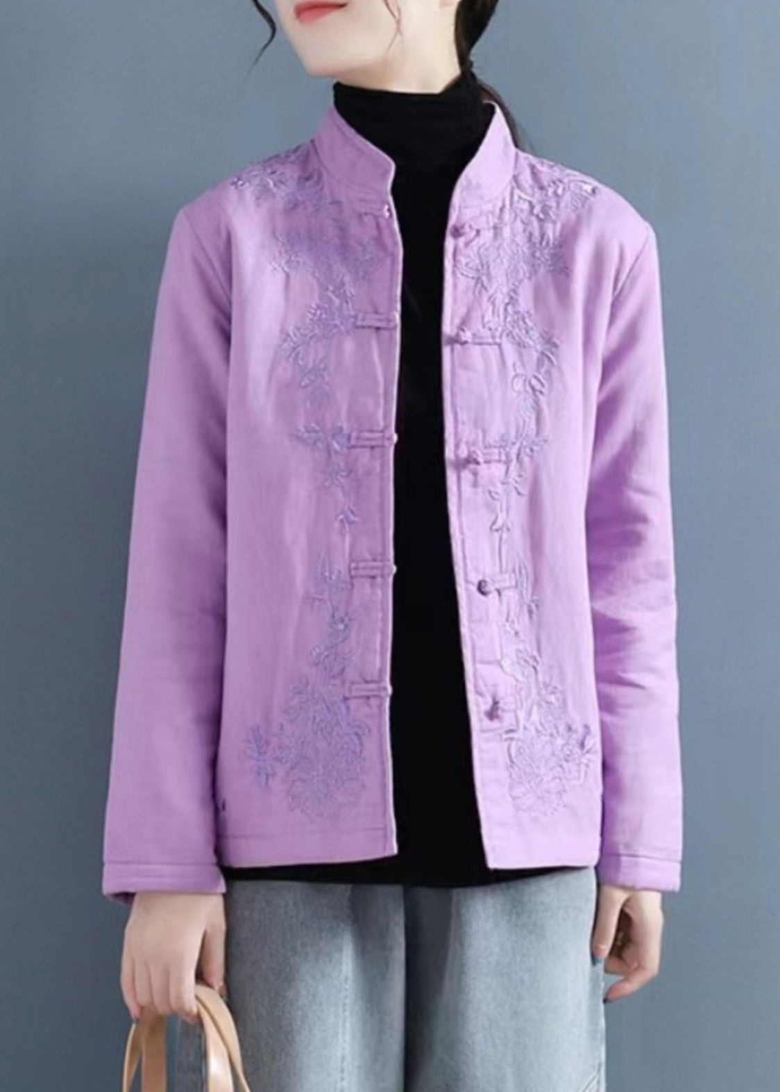 French Purple Embroidered Button Cotton Filled Coat Winter QO066