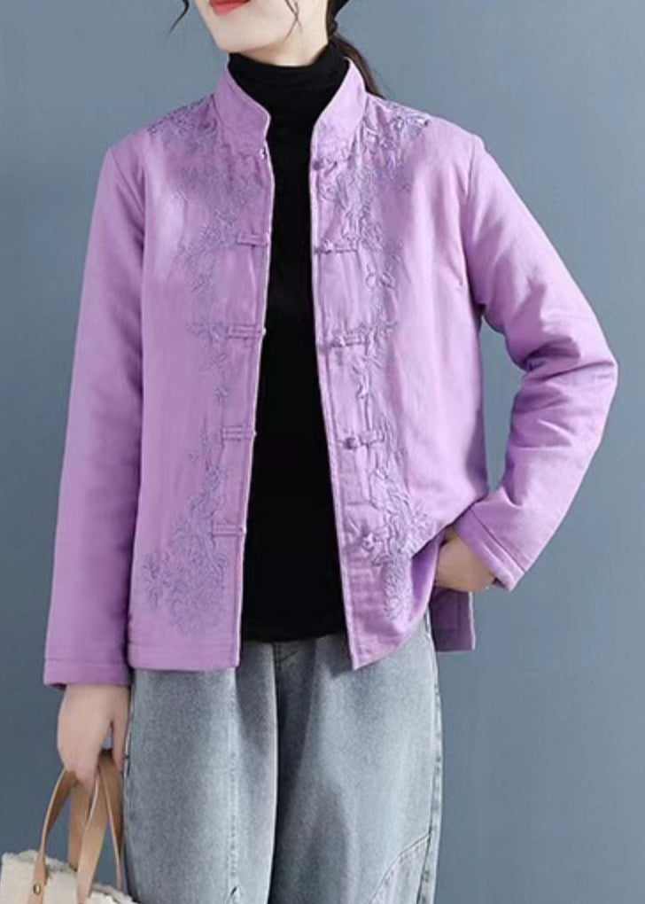 French Purple Embroidered Button Cotton Filled Coat Winter QO066