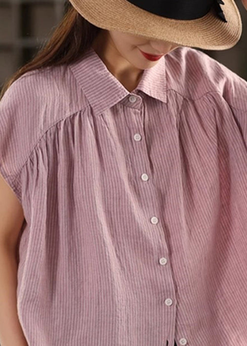 Purple Striped Linen Peter Pan Summer Collar French Blouses