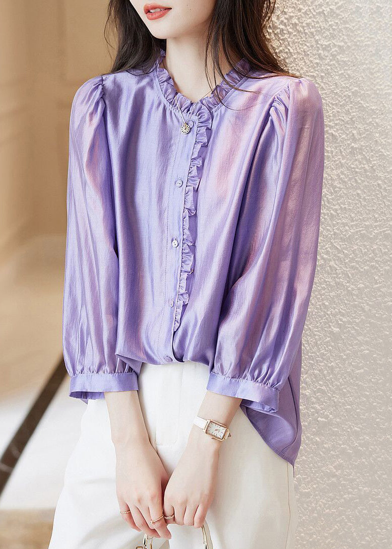 French Purple Ruffled Button Chiffon Shirts Long Sleeve Ada Fashion