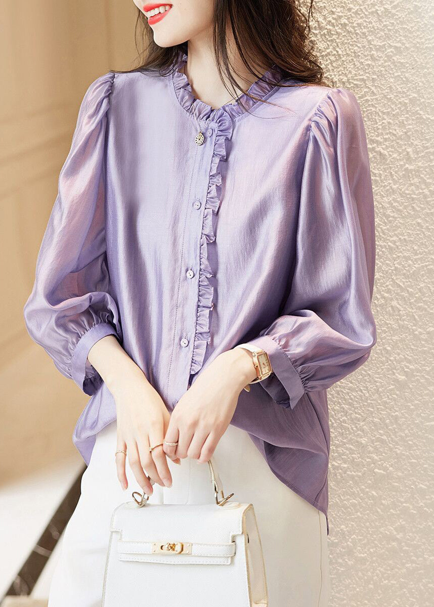 French Purple Ruffled Button Chiffon Shirts Long Sleeve Ada Fashion