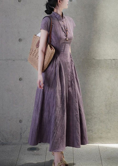 French Purple Stand Collar Pockets Linen Dress Summer QE024