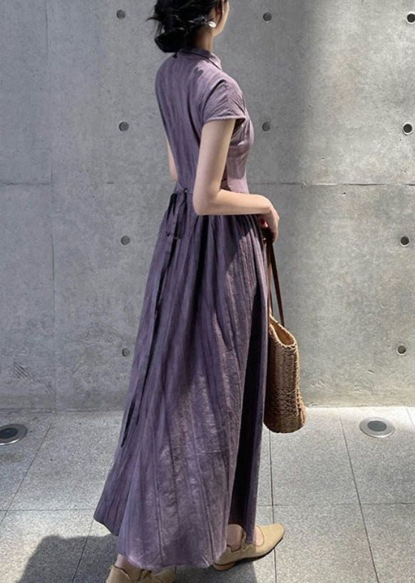 Robe d'été en lin violet avec poches et col montant QE024