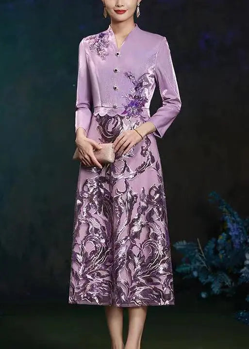 French Purple V Neck Embroidered Patchwork Silk Long Dresses Fall Ada Fashion