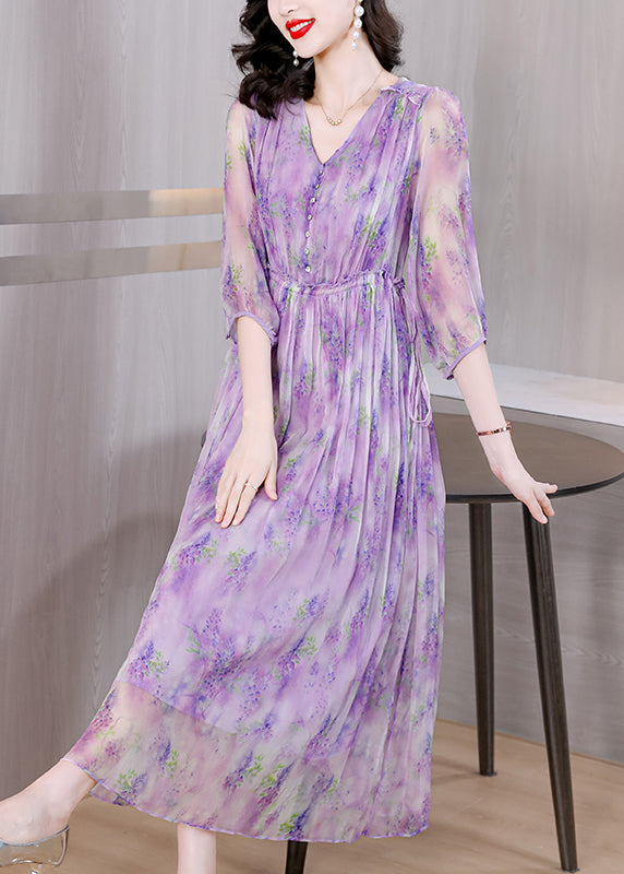 Robe en soie imprimée à volants et col en V violet français Été BB020