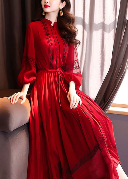 French Red Hollow Out Lace Up Long Dress Bracelet Sleeve QR033