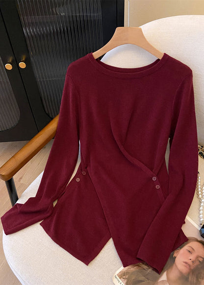 French Red O Neck Asymmetrical Design Knit Top Fall QI046