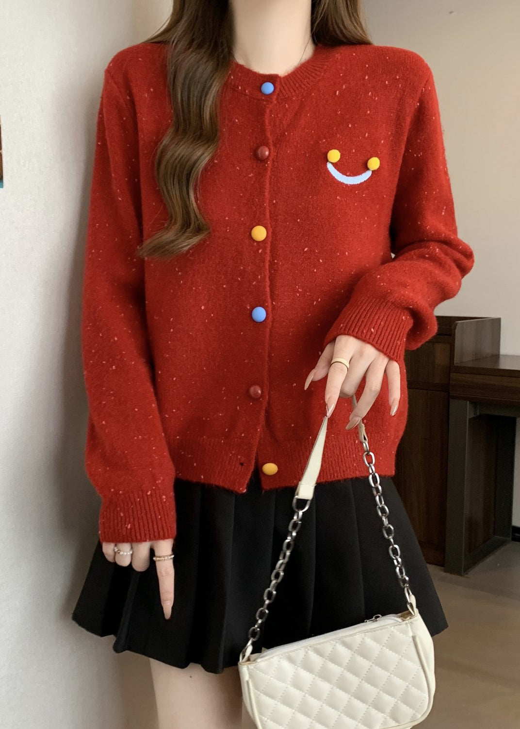 French Red O Neck Button Knit Cardigans Winter RG020