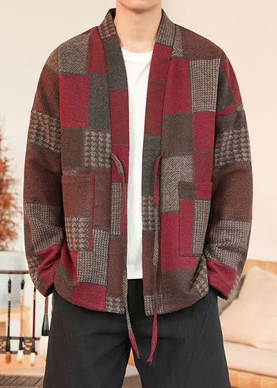 French Red Plaid Lace Up Woolen Mens Coats Winter RO030