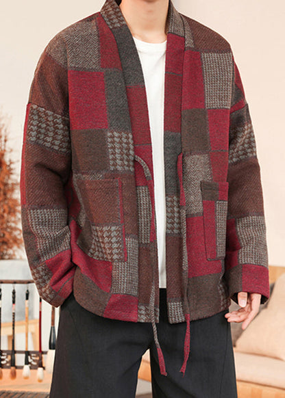 French Red Plaid Lace Up Woolen Mens Coats Winter RO030