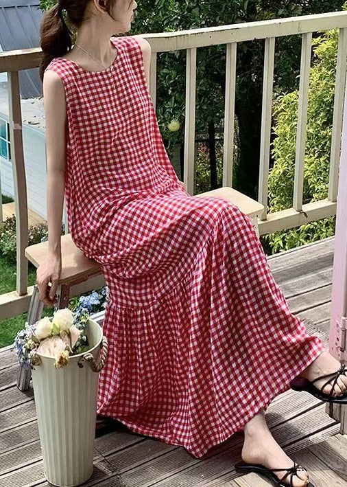 Robe froissée sans manches en coton à carreaux, maxi française rouge