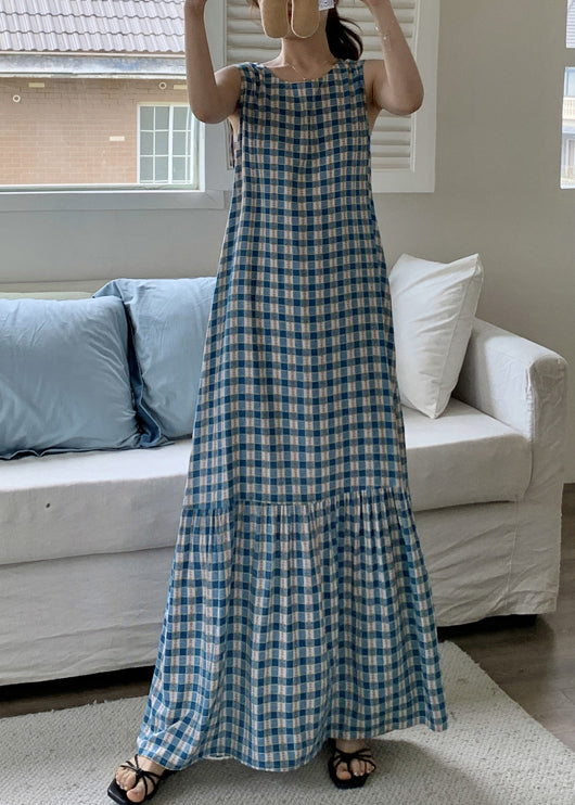 Robe froissée sans manches en coton à carreaux, maxi française rouge