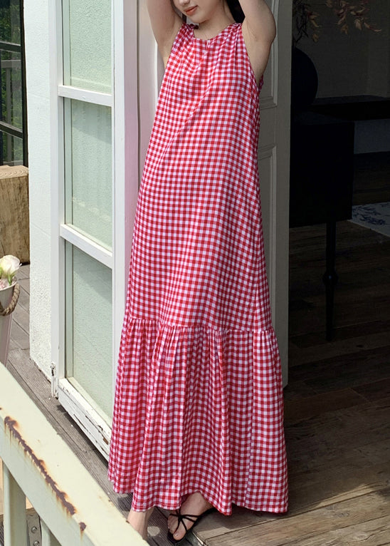 Robe froissée sans manches en coton à carreaux, maxi française rouge