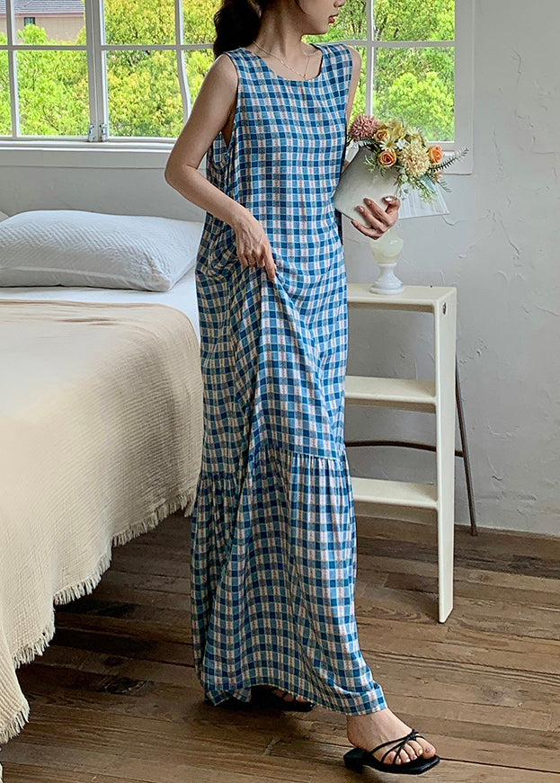 Robe froissée sans manches en coton à carreaux, maxi française rouge