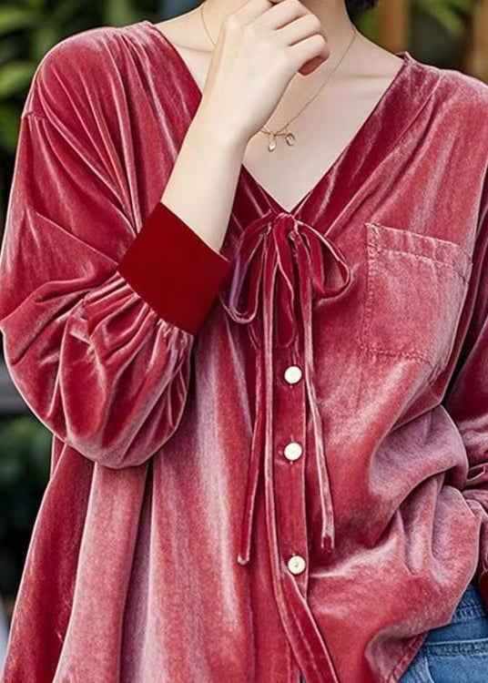 French Red V Neck Lace Up Button Velour Shirt Top Fall WP044