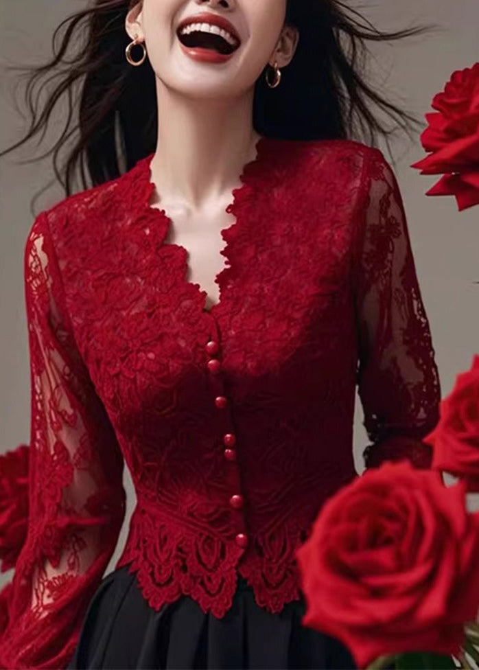 Fit Spring Neck Tops Lace Shirt Slim V Red French
