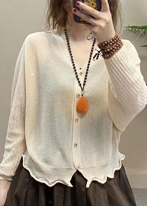 French Rose V Neck Button Ice Silk Knit Top Long Sleeve Ada Fashion