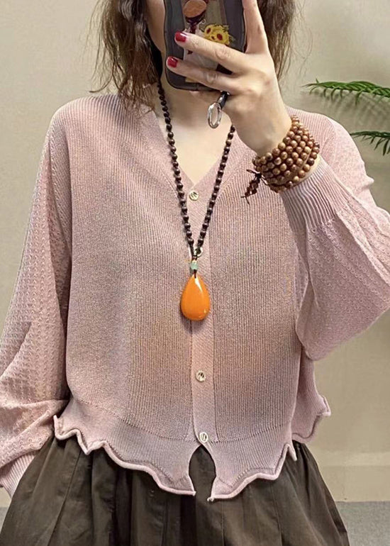 French Rose V Neck Button Ice Silk Knit Top Long Sleeve Ada Fashion