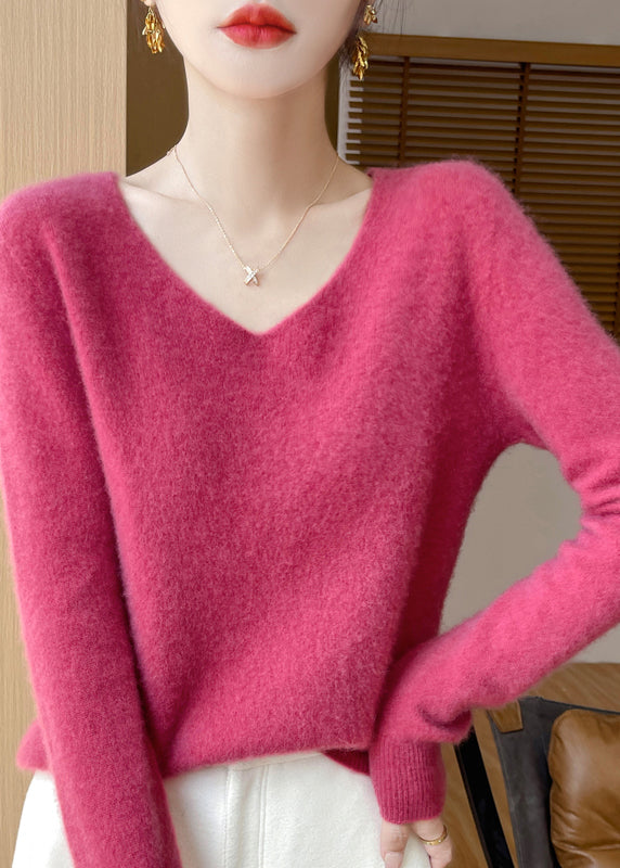 French Rose V Neck Cozy Woolen Versatile Sweater Winter WN036