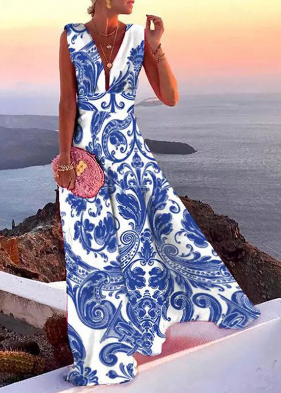 Robe longue en mousseline patchwork à col en V et sans manches, style French Rose TH042