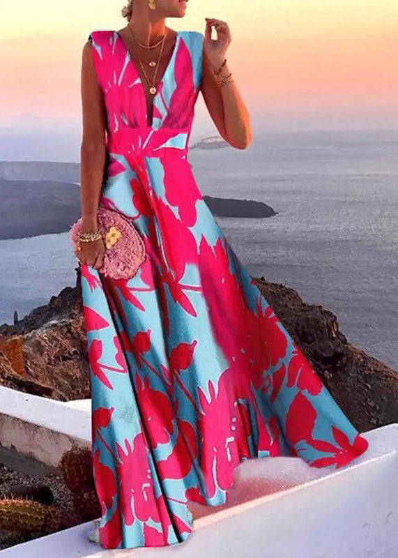 Robe longue en mousseline patchwork à col en V et sans manches, style French Rose TH042