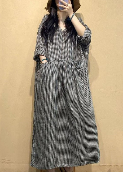 French Small Plaid V Neck Linen Long Dresses Fall AU1054