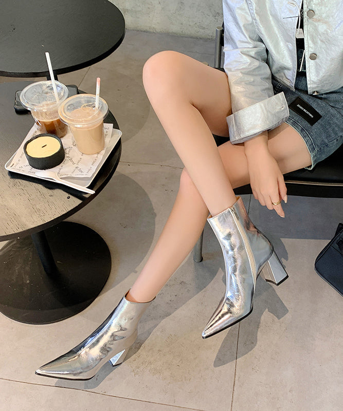 French Splicing Chunky Boots Silver Cowhide Leather Pointed Toe TP016