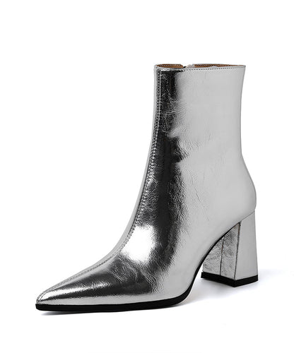 French Splicing Chunky Boots Silver Cowhide Leather Pointed Toe TP016